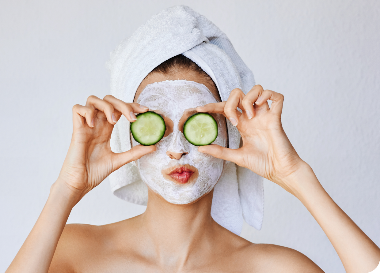 Skincare routine with cucumber slices